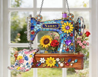 Custom Sewing Machine Suncatcher, Personalised Flower Sewing Machine Window Hanging Decor, Sun Catcher Gifts for Sewing Lover, Tailor Decor