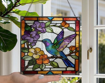 Hummingbird Stained Glass Sun Catcher, Bird Flower Garden Window Art Hanging, Floral Nature Inspired Glass Art, Anniversary Birthday Wedding