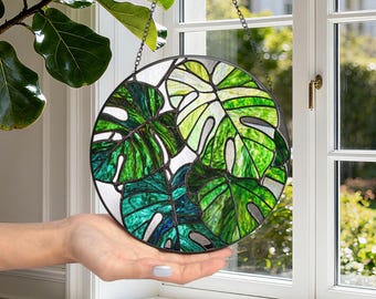 Monstera Stained Glass Suncatcher, Monstera Deliciosa Boho Window Hanging,Monstera Plant Nature Lover Gifts,Christmas Birthday Gifts for Her