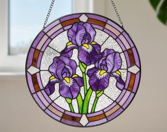 Family Birth Month Flower Stained Glass Suncatcher, Purple Flower Window Hangings,Botanical Floral Glass Art Gifts,Mothers Day Gifts for Mom