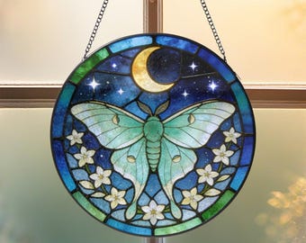Stained Glass Suncatcher Luna Moth Butterfly,Flower Moon Stra Window Hangings,Christmas Gifts for Mom,Modern Home Decor,Birthday Anniversary