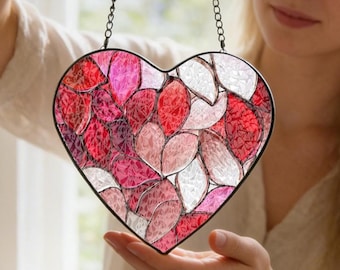 Heart Stained Glass Suncatcher, Romantic Window Hanging Gifts for Women, Valentine Keepsake Glass Sun Catcher, Anniversary Birthday Wedding
