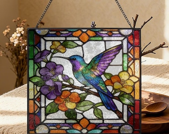 Stained Glass Hummingbird Sun Catcher, Bird Flower Window Hanging, Floral Nature Inspired Glass Art, Anniversary Birthday Wedding Gift Decor