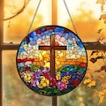 Personalized Stained Glass Cross Wildflowers Suncatcher, Christmas Trees Stained Glass, Christian Glass Window Hanging, Religious Faith Gift product logo