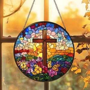 Personalized Stained Glass Cross Wildflowers Suncatcher, Christmas Trees Stained Glass, Christian Glass Window Hanging, Religious Faith Gift