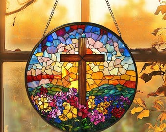 Gepersonaliseerde gebrandschilderd glas kruis wilde bloemen Suncatcher, kerstbomen gebrandschilderd glas, christelijk glazen raam hangen, religieus geloof cadeau