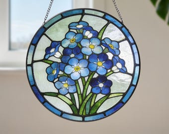 Forget Me Not Stained Glass Suncatcher,  Blue Flowers Window Hanging Decor, Floral Lover Sun Catcher,Sympathy Memorial Gifts for Mom Grandma