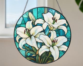 Lily Birth Flower Stained Glass Suncatcher, Glass Floral Window Hangings,Mothers Day Gifts for Mom Grandma Her Nana,Floral Lover Sun Catcher