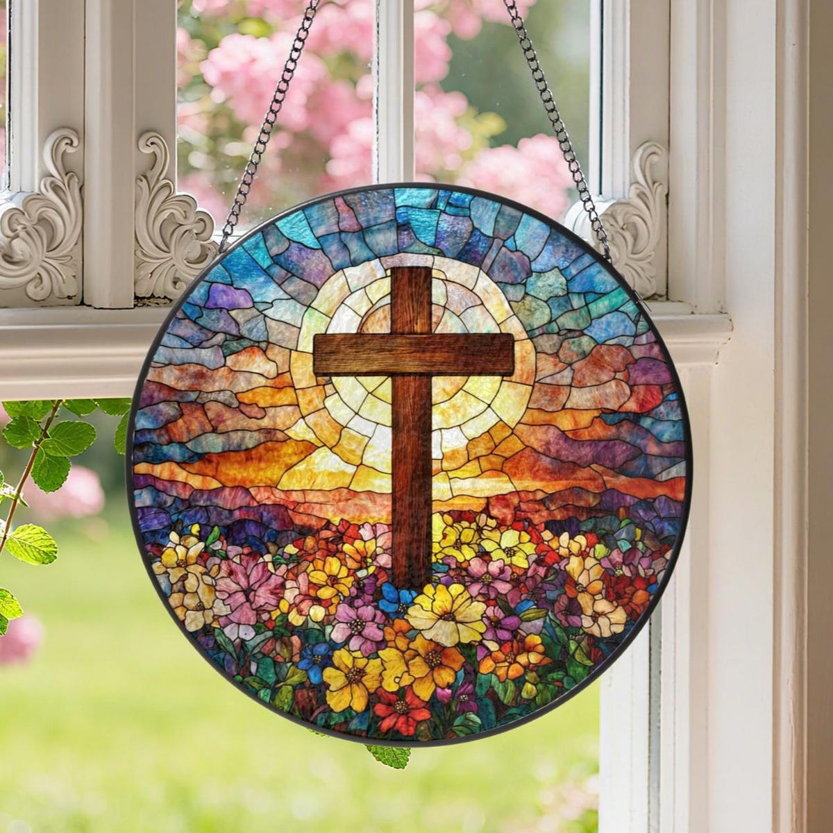 Personalized Stained Glass Cross Wildflowers Suncatcher, Christmas Trees Stained Glass, Christian Glass Window Hanging, Religious Faith Gift