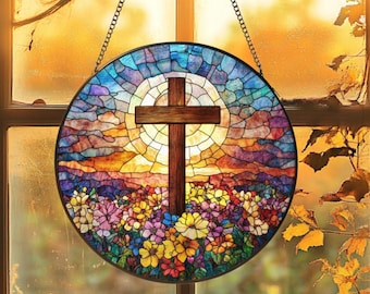 Cross Wildflowers Stained Glass Suncatcher, Christian Glass Window Hanging Decor,Flora Cross Religious Faith Gift,Mother's Day Gifts,Grandma