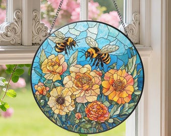 Bee Wildflower Stained Glass Suncatcher, Honeybee Sun Catcher Gifts for Garden Lovers , Bee Wildflower Glass Ornament, Gifts for Teacher Mom