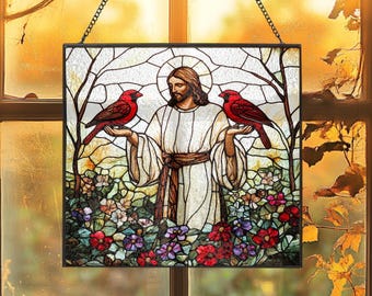 Stained Glass Jesus With Cardinals Sun Catcher, Family Window Hanging, Christian Ornament, Jesus Christ Decoration,Religious Christmas Decor