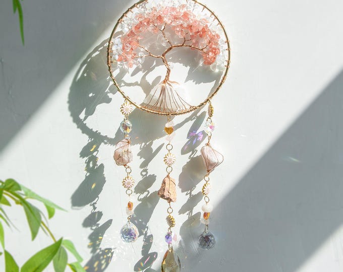 Healing Crystal Sun Catcher for Window Hanging Prism, Pink Rose Clear Quartz Ombre Tree of Life Suncatcher, Custom Christmas Gifts for Women
