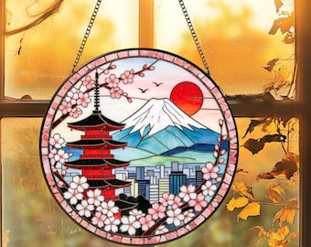 Japanese Mountain Sun Temple Stained Glass Suncatcher, Cherry Blossoms Pink Flower Nature Window Hanging, Mother’s Birthday Gift for Mom Her