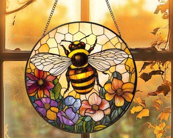 Bee Flower Stained Glass Suncatcher,Wildflower Bumble Bee Garden Art Window Hangings Decor,Honeybee Gift for Garden Lovers,Mothers Day Gifts