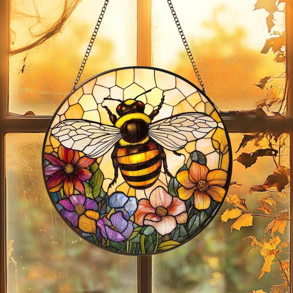 Bee Flower Stained Glass Suncatcher,Wildflower Bumble Bee Garden Art Window Hangings Decor,Honeybee Gift for Garden Lovers,Mothers Day Gifts