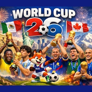 May include: A vibrant illustration promoting the 2026 World Cup, featuring soccer players holding trophies, flags of Mexico and Canada, and a cartoon fox. The text "WORLD CUP 26" is prominently displayed above the figures.