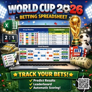 May include: A laptop displays a betting spreadsheet for the 2026 World Cup, with a soccer ball, trophy, and cash. The screen shows group matches, a leaderboard, and final rounds. Text includes "Track Your Bets!" and "Predict Results."