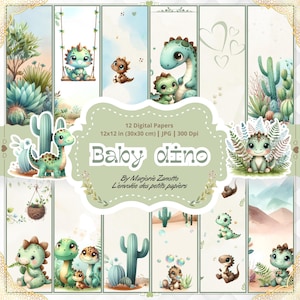 Papier numérique - digital imprimable | Bébé dinosaure style aquarelle | Garçon ou fille | Couverture scrapbooking, DIY, loisirs créatifs