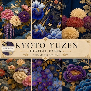 Japanskt Yuzen Indigo Digitalt Papperspaket, 12 Sömlösa Kyoto Blommönster för Scrapbooking och Hantverk