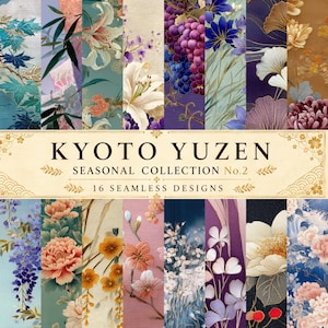 Puede incluir: Una colección digital de 16 patrones sin costuras titulada KYOTO YUZEN SEASONAL COLLECTION No.2. La imagen muestra una cuadrícula de diversos diseños florales y botánicos con uvas, lirios, peonías, glicinias y hojas de ginkgo en colores vivos.
