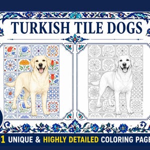 Turkish Tile Dogs Coloring Book, 31 Unique Dog Breeds, Printable Coloring Pages for Adults, Intricate Pattern Art, Digital Download