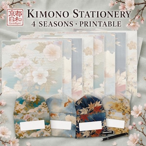 Japanese Kimono Pattern Printable Stationery Set, Four Seasons Letter Paper and C6 Envelope Templates PDF