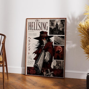 May include: A Hellsing anime poster featuring a central character in a red coat and wide-brimmed hat holding a large handgun. The poster includes the text Hellsing, I'm not a monster, I'm just a vampire, and Japanese characters alongside panels of gothic architecture and a full moon.