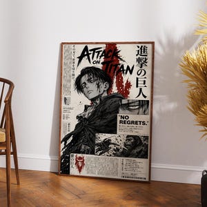 Könnte beinhalten: Ein rechteckiges Poster mit Attack on Titan-Grafiken, einer zentralen Illustration von Levi Ackerman, roten Tintenspritzern, japanischem und englischem Text inklusive "NO REGRETS" sowie kleineren Feldern mit Actionszenen und einem Tiertitan-Symbol.