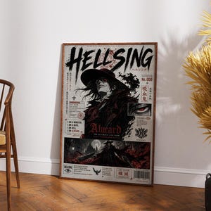 May include: A rectangular poster featuring the Hellsing anime series with the title HELLSING in bold black letters. The artwork displays the character Alucard in a wide-brimmed hat, red text, Japanese characters, and a dark gothic scene at the bottom.