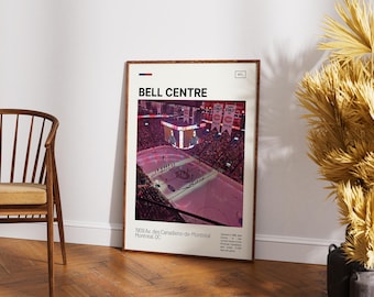 Könnte beinhalten: Ein gerahmtes Poster mit einer Hochwinkelaufnahme der Eishockeyarena Bell Centre. Der Druck enthält den Text BELL CENTRE, die Adresse 1909 Av. des Canadiens-de-Montréal, Montréal, QC, und ein kleines Feld mit der Aufschrift MTL oben rechts.