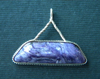 Charoite pendant -  horizontal with bezel and rigid 'rope' bail in Sterling Silver