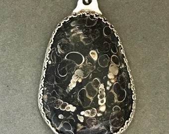 Turritella pendant with silver bezel