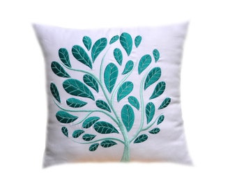 White Linen Pillow Cover, Embroidered Peacock Decor, Teal Throw Pillow, Bedroom Decor, Floral Pillowcases