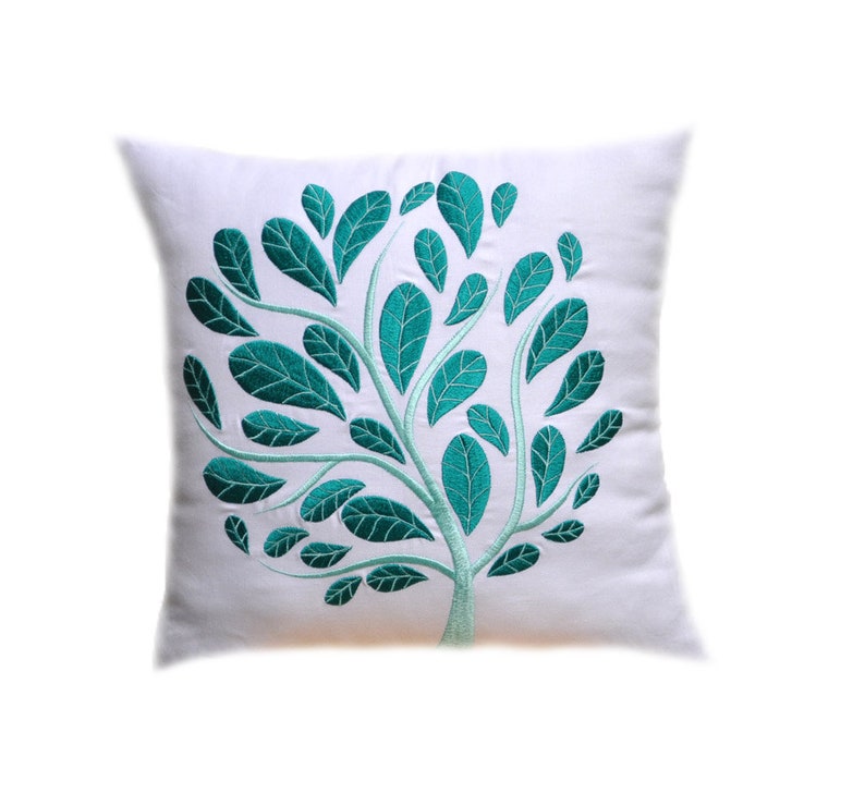 White Teal Floral Throw Pillow Cover White Linen Teal Etsy