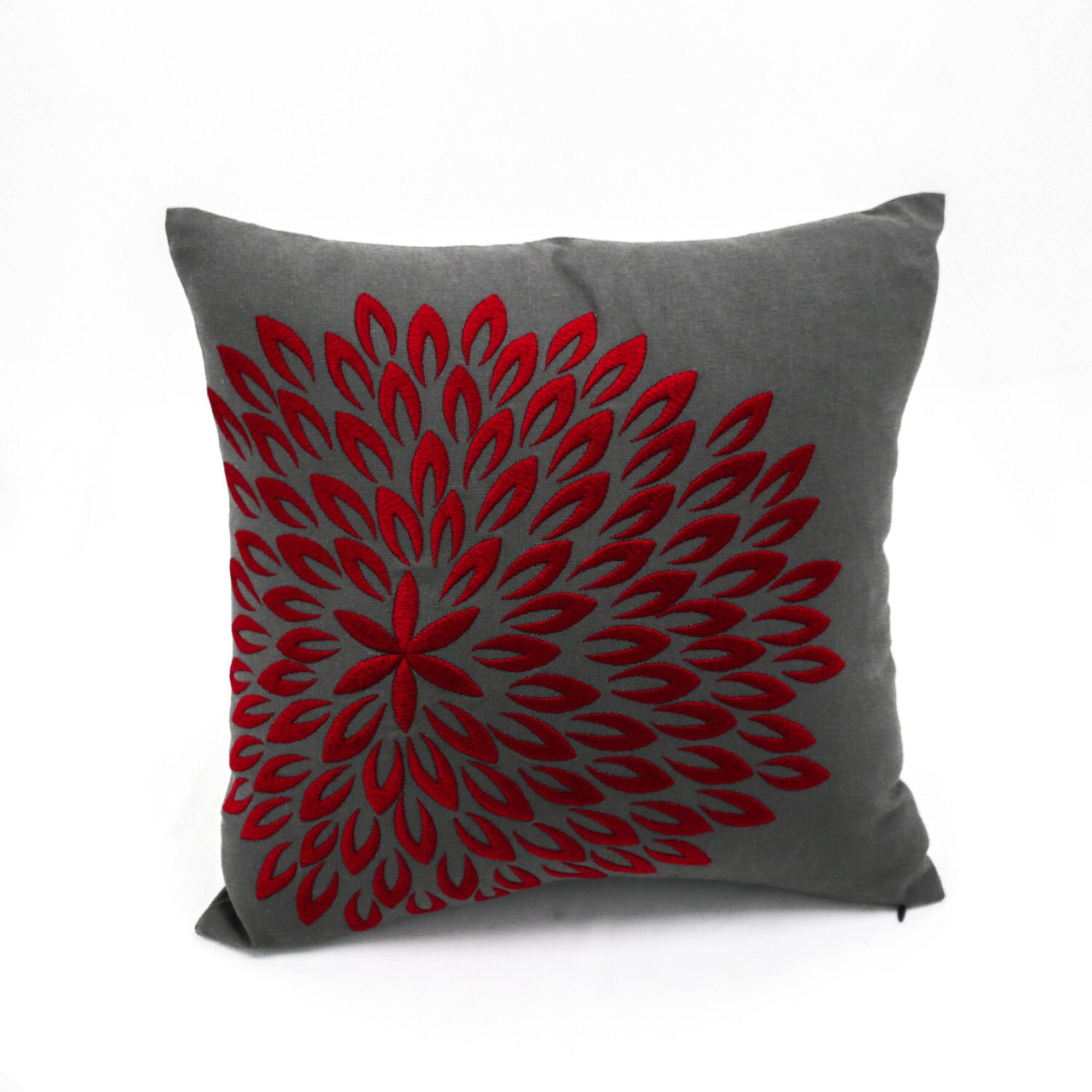 Red Floral Decorative Throw Pillow Cover Dark Grey Linen Red