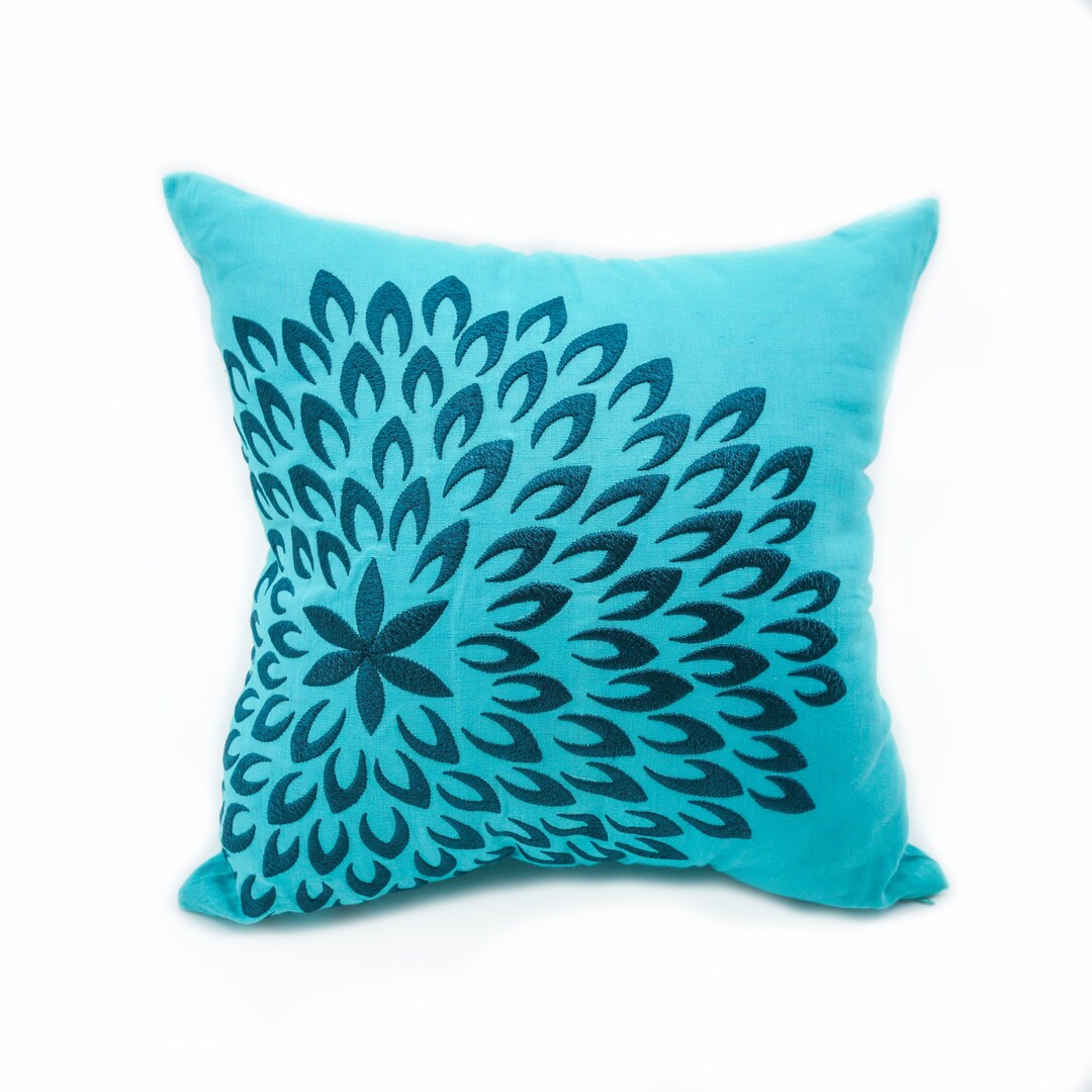 Flower Cushion Cover, Custom Embroidery Pillow, Teal Linen Pillow Case