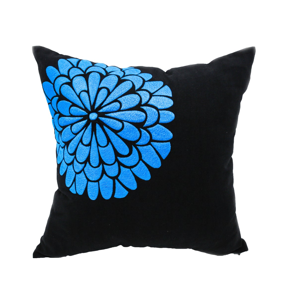 Black Floral Pillow Cover Black Linen Deep Teal Flock Flower Etsy