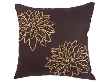 Embroidered Custom Pillow Case, Gold Floral Pillow Cases, Farmhouse Decor, Brown Linen Pillow Shams, Housewarming Gift