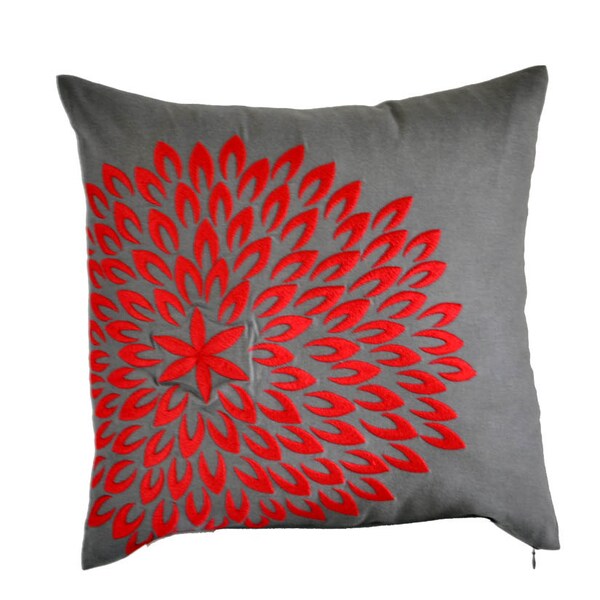 Pillow Cover, Decorative Throw Pillow Cover, Dark Grey Linen Pillow, Red Flower, Embroidered Grey Cushion Cover , Pillow Case