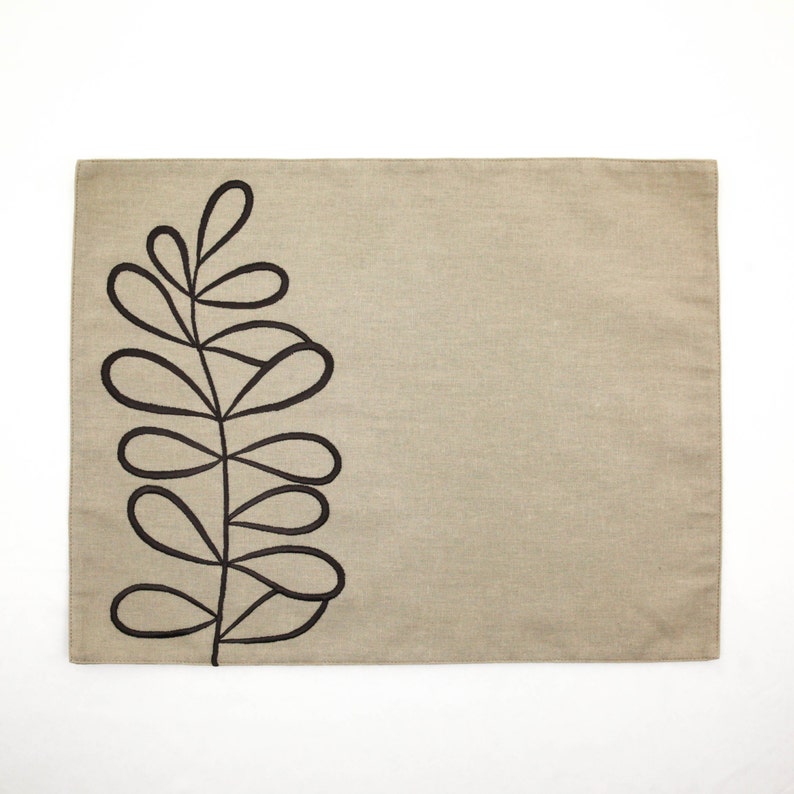 Botanical Embroidered Placemat Set Brown Linen Fabric Etsy