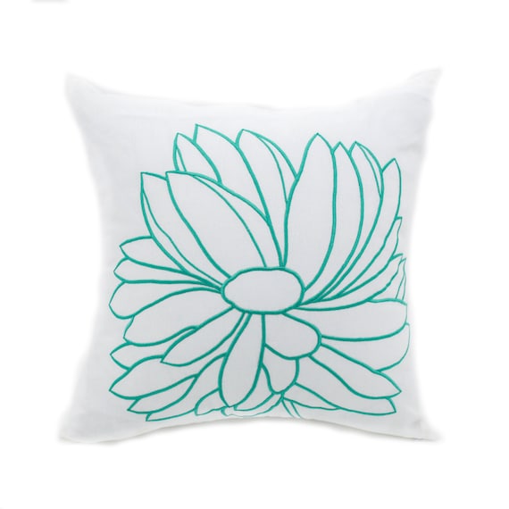 Turquoise Flower Pillow Cover White Linen Turquoise Floral Etsy
