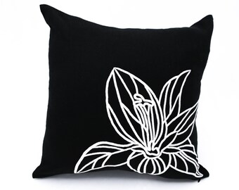 Floral Pillowcases, Black Throw Pillow Cover, Custom Pillow Case, Embroidered Flower Cushion, Living Room Decor