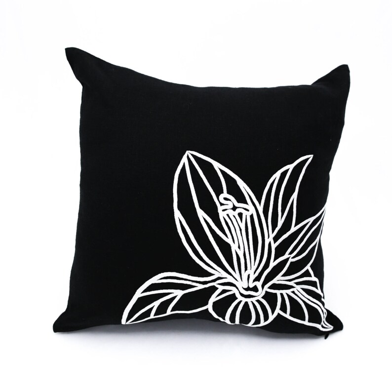 Black White Pillow Cover Black Linen White Flower Embroidery Etsy