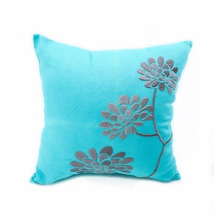 Gray Flower Cushion Cover, Custom Embroidery Pillow, Teal Linen Pillow Case, Bedroom Decor, Floral Pillowcases