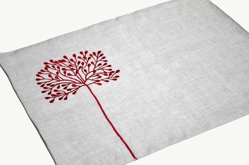 Floral Embroidered Placemat Linen Fabric Placemats Red Tree Etsy