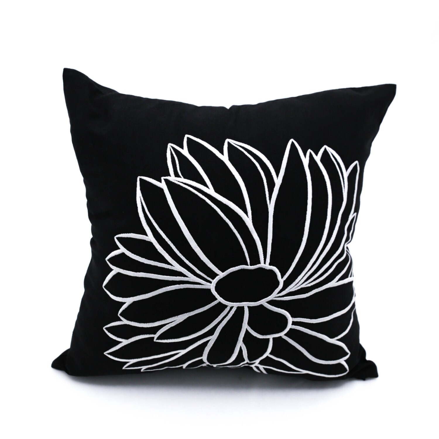 Black White Pillow Cover Black Linen White Flower Embroidery Etsy