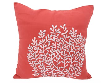 Orange Linen Pillow Cover, Coral Decor, Nautical Pillows, Custom Embroidery, Coastal Bedding, Beach Decor