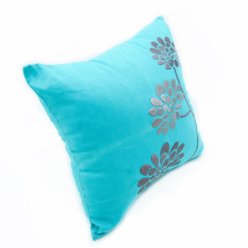 Teal Flower Embroidered Throw Pillow Cover Modern Apartment Etsy