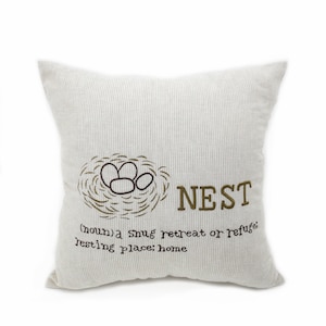 Nest Bird Throw Pillow, Housewarming Gift, Custom Pillow Case, Stripe Linen Pillow Cover, Bird Embroidery